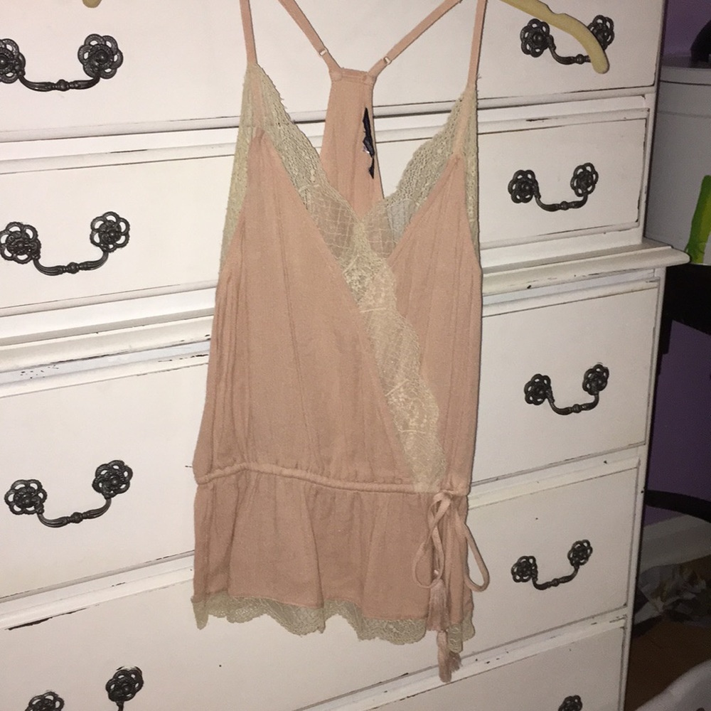 blush pink tank top with lace trim and tie waist